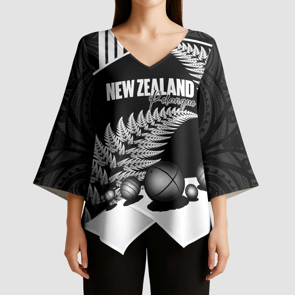Custom New Zealand Silver Fern Petanque Kimono Sleeve Blouse Aotearoa Maori Pattern