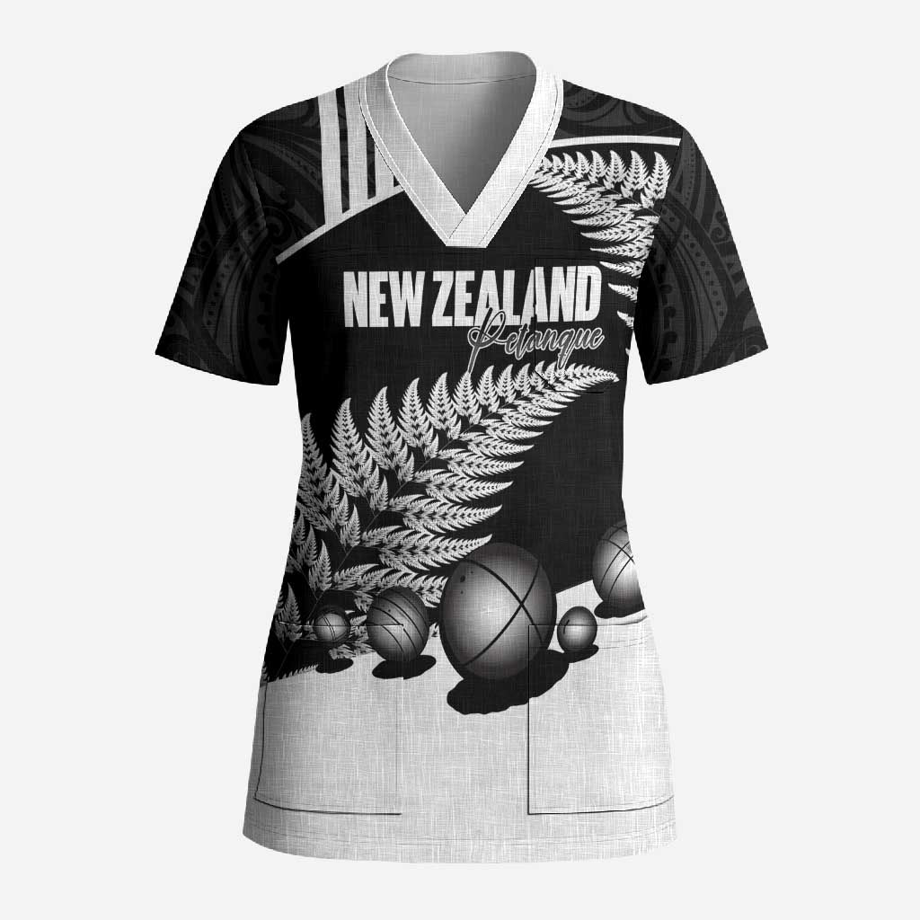 Custom New Zealand Silver Fern Petanque Scrub Top Aotearoa Maori Pattern