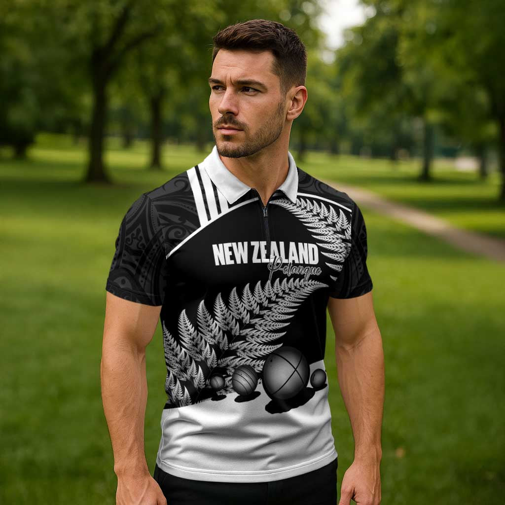 Custom New Zealand Silver Fern Petanque Zipper Polo Shirt Aotearoa Maori Pattern