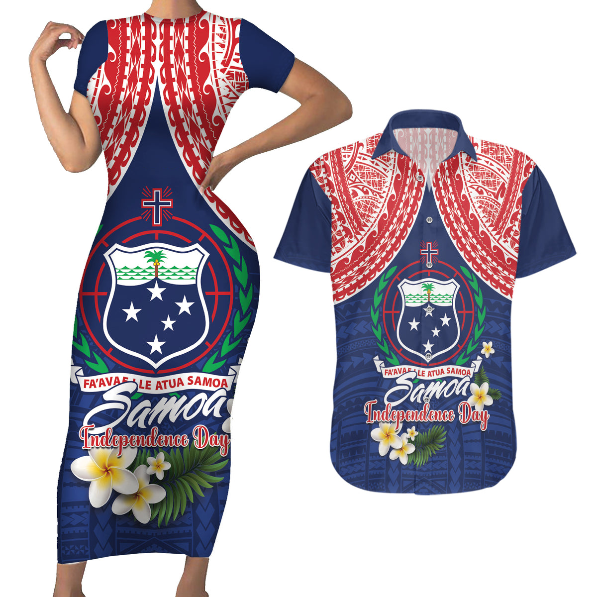 Samoan Independence Day Couples Matching Short Sleeve Bodycon Dress and Hawaiian Shirt Manuia Le Tutoatasi O Samoa LT14 Blue - Polynesian Pride