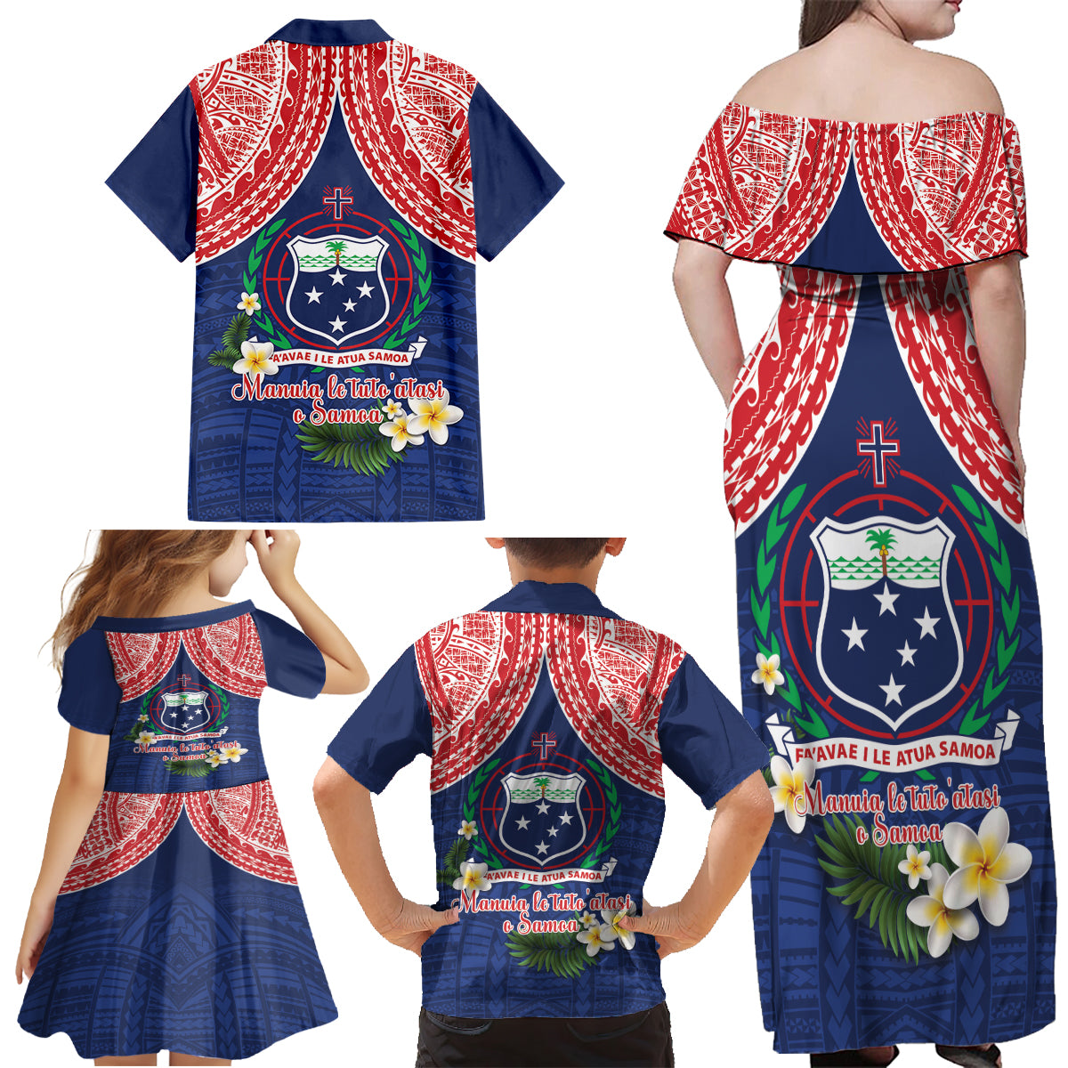 Samoan Independence Day Family Matching Off Shoulder Maxi Dress and Hawaiian Shirt Manuia Le Tutoatasi O Samoa
