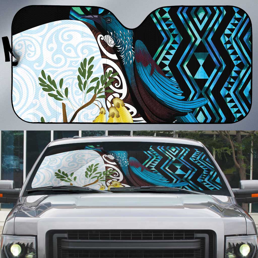 New Zealand Silver Fern Tui Bird Auto Sun Shade Maori Kowhai Paua Shell Taniko Motifs - Polynesian Pride