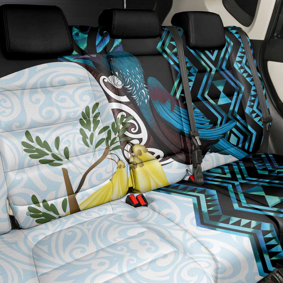 New Zealand Silver Fern Tui Bird Back Car Seat Cover Maori Kowhai Paua Shell Taniko Motifs