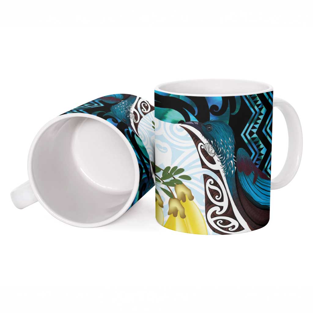 New Zealand Silver Fern Tui Bird Ceramic Mug Maori Kowhai Paua Shell Taniko Motifs - Polynesian Pride