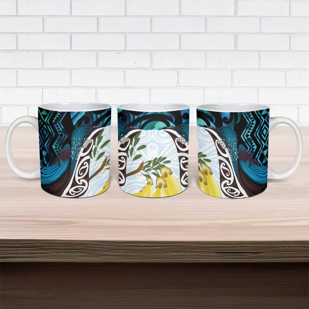 New Zealand Silver Fern Tui Bird Ceramic Mug Maori Kowhai Paua Shell Taniko Motifs - Polynesian Pride