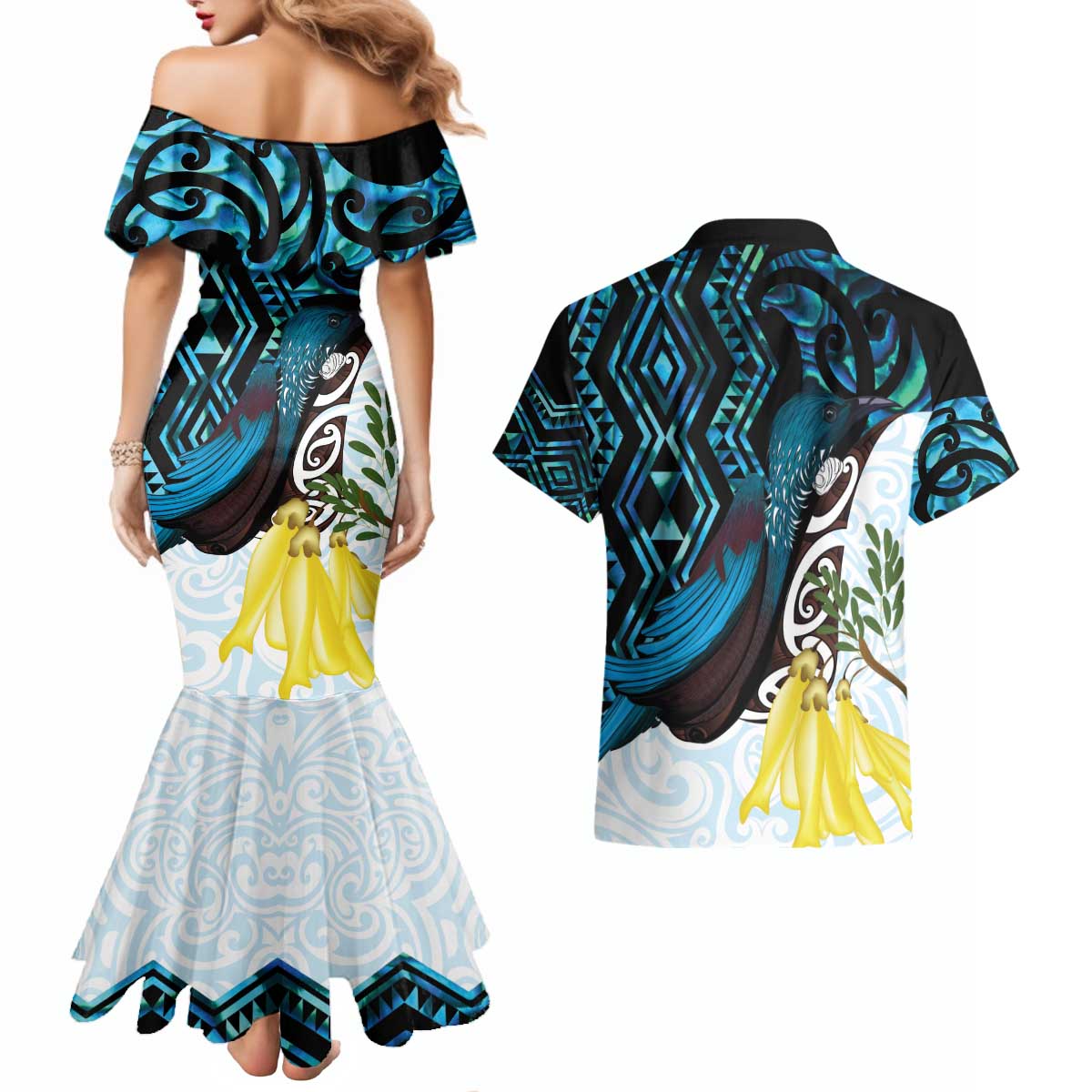 New Zealand Silver Fern Tui Bird Couples Matching Mermaid Dress and Hawaiian Shirt Maori Kowhai Paua Shell Taniko Motifs LT14 - Polynesian Pride