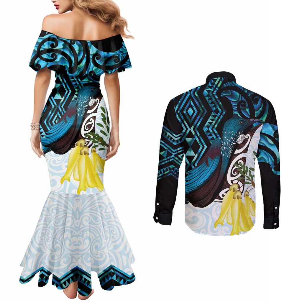 New Zealand Silver Fern Tui Bird Couples Matching Mermaid Dress and Long Sleeve Button Shirt Maori Kowhai Paua Shell Taniko Motifs LT14 - Polynesian Pride