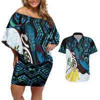New Zealand Silver Fern Tui Bird Couples Matching Off Shoulder Short Dress and Hawaiian Shirt Maori Kowhai Paua Shell Taniko Motifs LT14 Turquoise - Polynesian Pride