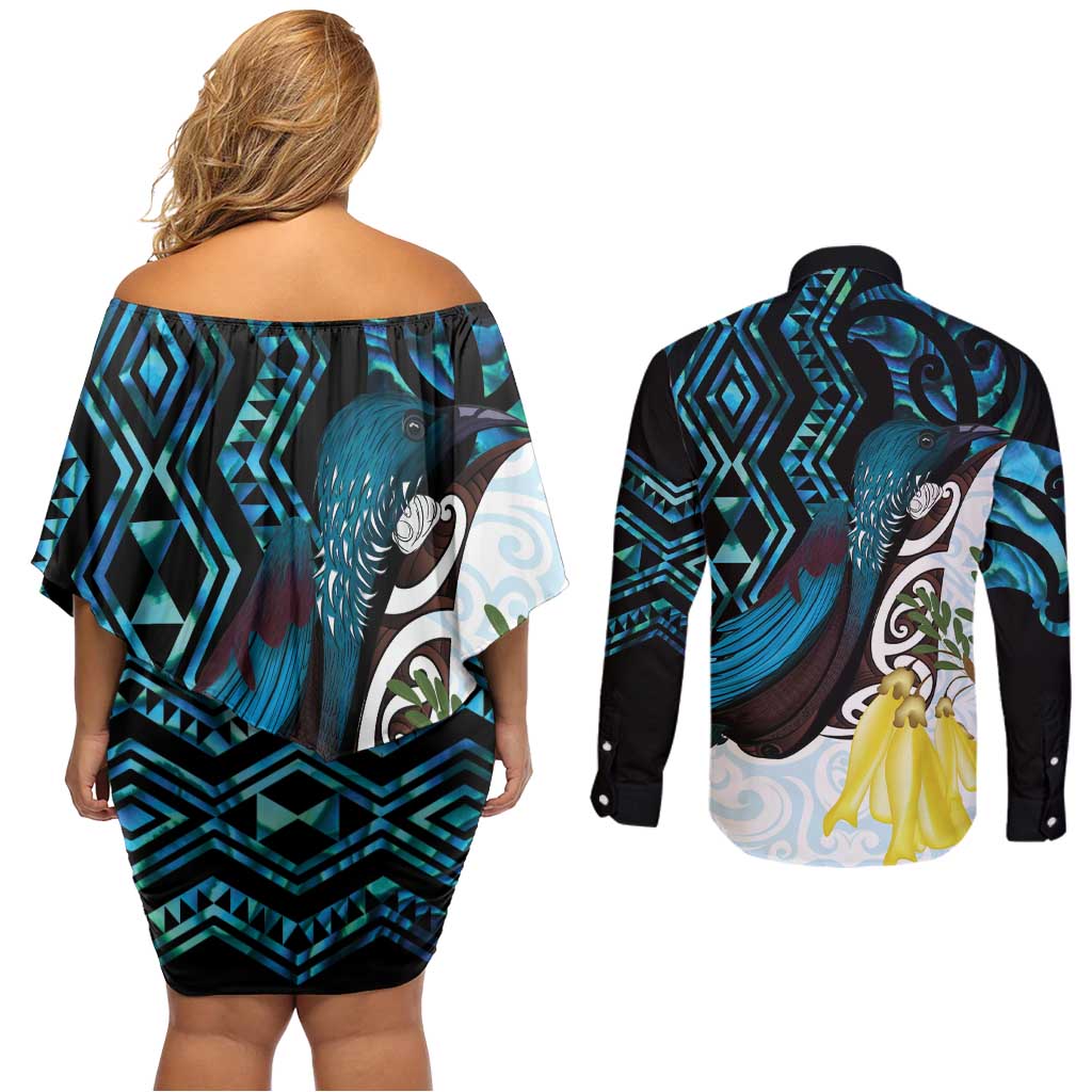 New Zealand Silver Fern Tui Bird Couples Matching Off Shoulder Short Dress and Long Sleeve Button Shirt Maori Kowhai Paua Shell Taniko Motifs LT14 - Polynesian Pride