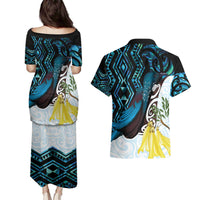 New Zealand Silver Fern Tui Bird Couples Matching Puletasi and Hawaiian Shirt Maori Kowhai Paua Shell Taniko Motifs LT14 - Polynesian Pride