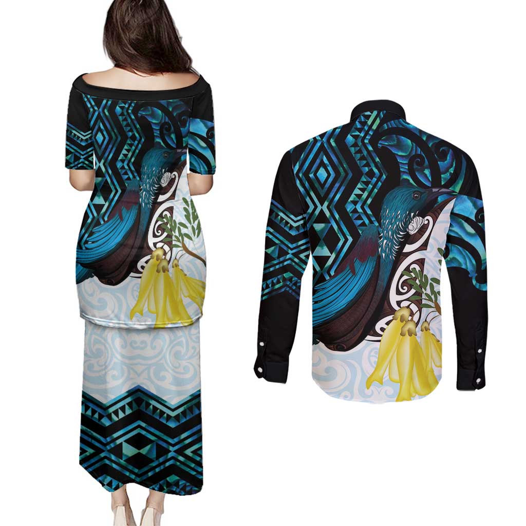 New Zealand Silver Fern Tui Bird Couples Matching Puletasi and Long Sleeve Button Shirt Maori Kowhai Paua Shell Taniko Motifs LT14 - Polynesian Pride