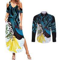 New Zealand Silver Fern Tui Bird Couples Matching Summer Maxi Dress and Long Sleeve Button Shirt Maori Kowhai Paua Shell Taniko Motifs LT14 Turquoise - Polynesian Pride