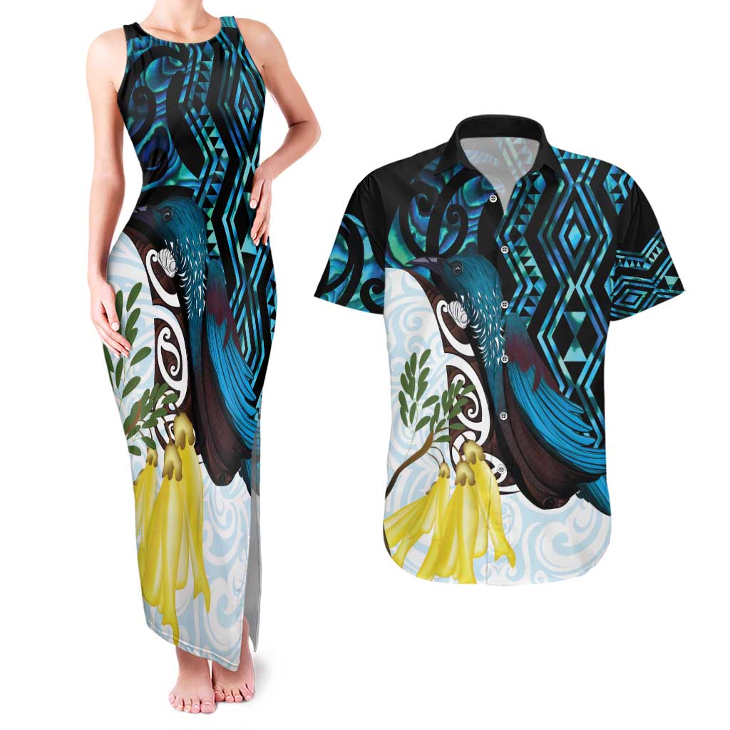 New Zealand Silver Fern Tui Bird Couples Matching Tank Maxi Dress and Hawaiian Shirt Maori Kowhai Paua Shell Taniko Motifs LT14 Turquoise - Polynesian Pride