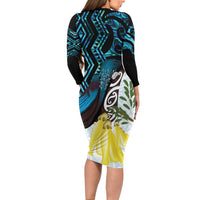 New Zealand Silver Fern Tui Bird Family Matching Long Sleeve Bodycon Dress and Hawaiian Shirt Maori Kowhai Paua Shell Taniko Motifs