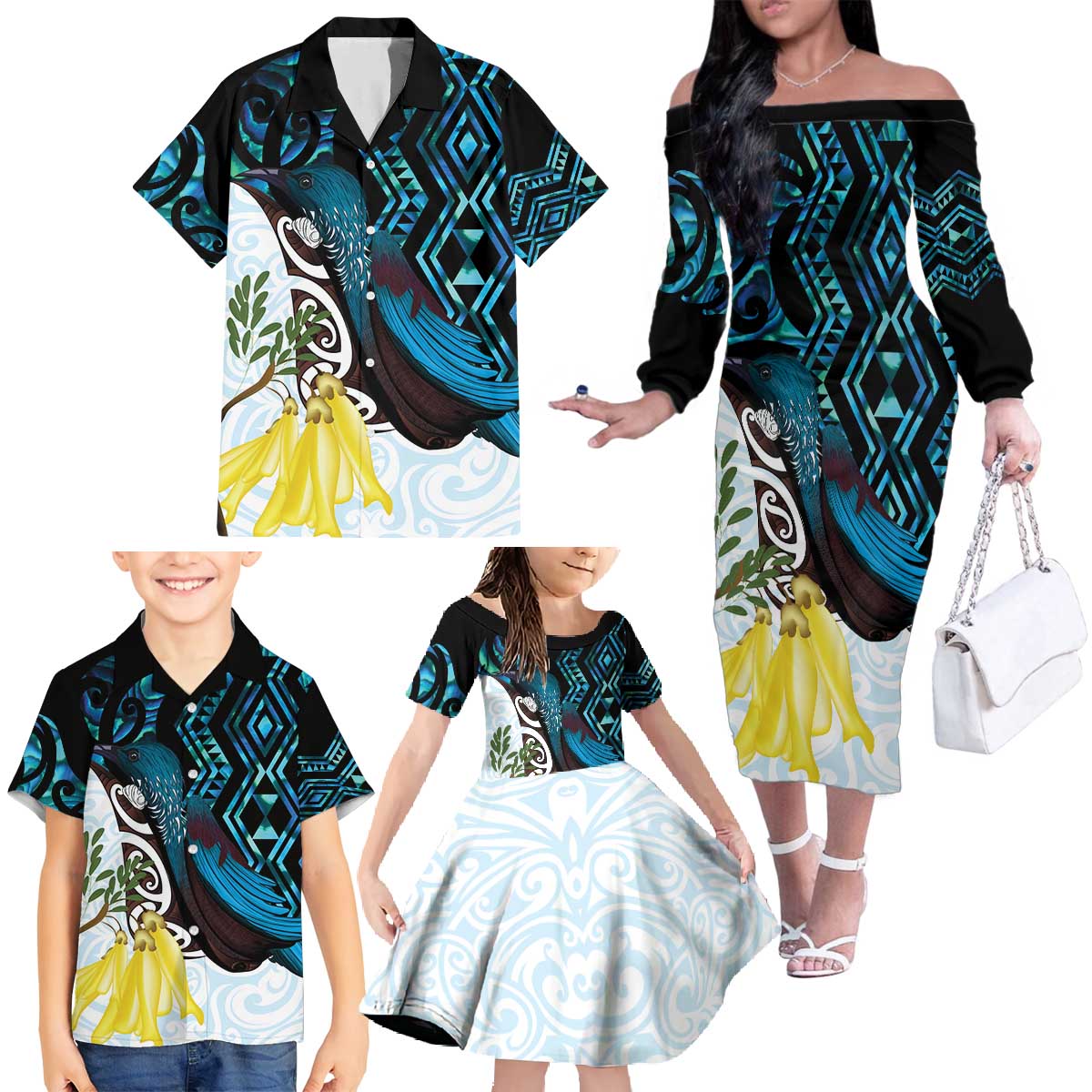 New Zealand Silver Fern Tui Bird Family Matching Off The Shoulder Long Sleeve Dress and Hawaiian Shirt Maori Kowhai Paua Shell Taniko Motifs