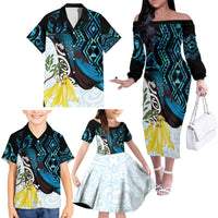 New Zealand Silver Fern Tui Bird Family Matching Off The Shoulder Long Sleeve Dress and Hawaiian Shirt Maori Kowhai Paua Shell Taniko Motifs LT14 - Polynesian Pride