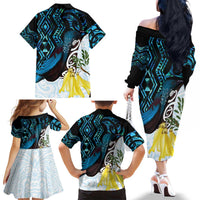 New Zealand Silver Fern Tui Bird Family Matching Off The Shoulder Long Sleeve Dress and Hawaiian Shirt Maori Kowhai Paua Shell Taniko Motifs LT14 - Polynesian Pride