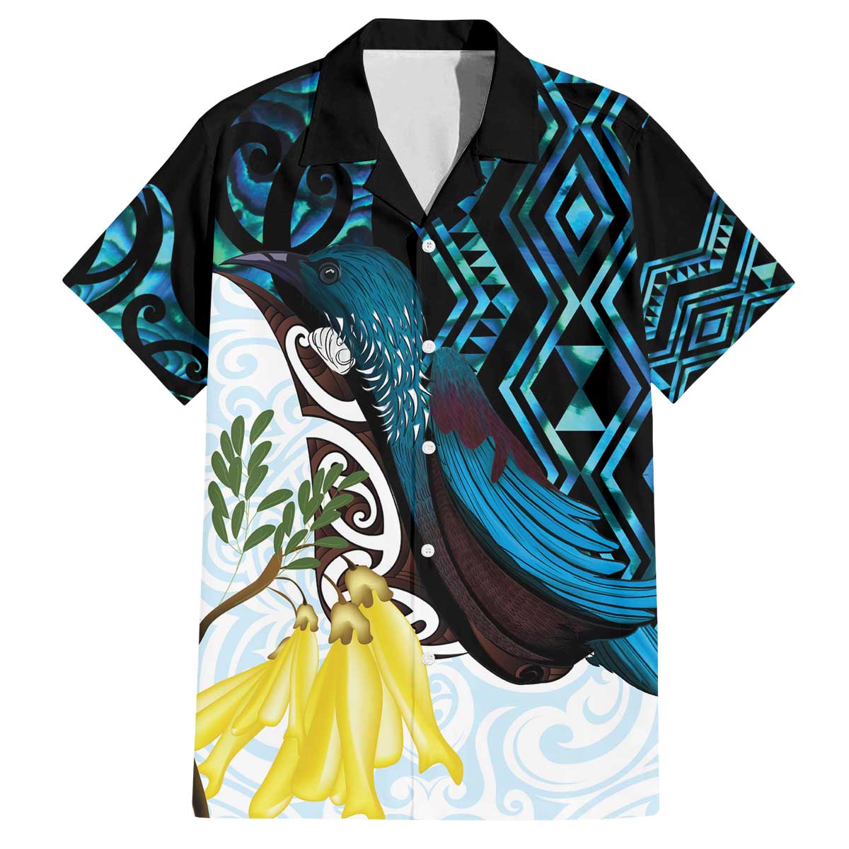 New Zealand Silver Fern Tui Bird Family Matching Off The Shoulder Long Sleeve Dress and Hawaiian Shirt Maori Kowhai Paua Shell Taniko Motifs LT14 Dad's Shirt - Short Sleeve Turquoise - Polynesian Pride