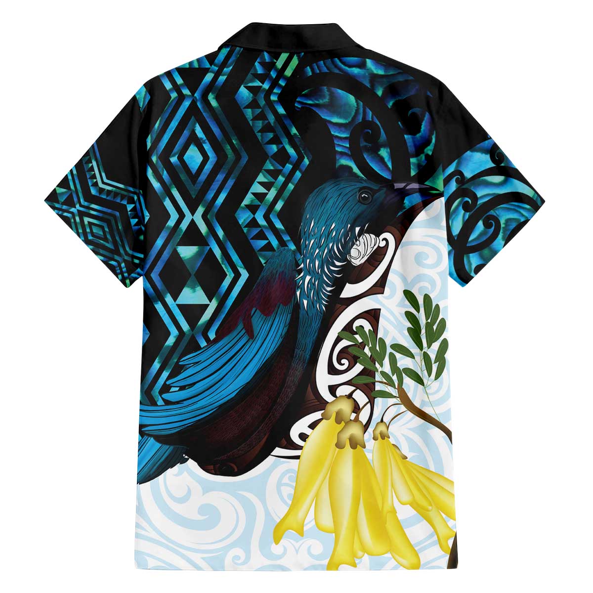 New Zealand Silver Fern Tui Bird Family Matching Off The Shoulder Long Sleeve Dress and Hawaiian Shirt Maori Kowhai Paua Shell Taniko Motifs LT14 - Polynesian Pride