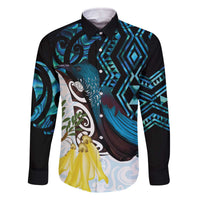 New Zealand Silver Fern Tui Bird Family Matching Off The Shoulder Long Sleeve Dress and Hawaiian Shirt Maori Kowhai Paua Shell Taniko Motifs LT14 Dad's Shirt - Long Sleeve Turquoise - Polynesian Pride