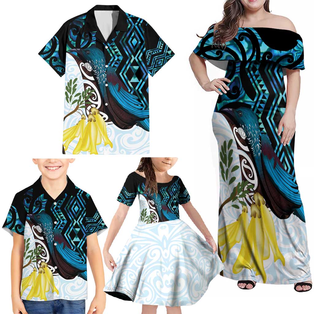 New Zealand Silver Fern Tui Bird Family Matching Off Shoulder Maxi Dress and Hawaiian Shirt Maori Kowhai Paua Shell Taniko Motifs