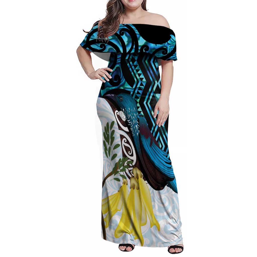New Zealand Silver Fern Tui Bird Family Matching Off Shoulder Maxi Dress and Hawaiian Shirt Maori Kowhai Paua Shell Taniko Motifs