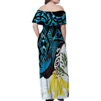 New Zealand Silver Fern Tui Bird Family Matching Off Shoulder Maxi Dress and Hawaiian Shirt Maori Kowhai Paua Shell Taniko Motifs