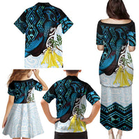 New Zealand Silver Fern Tui Bird Family Matching Puletasi and Hawaiian Shirt Maori Kowhai Paua Shell Taniko Motifs LT14 - Polynesian Pride