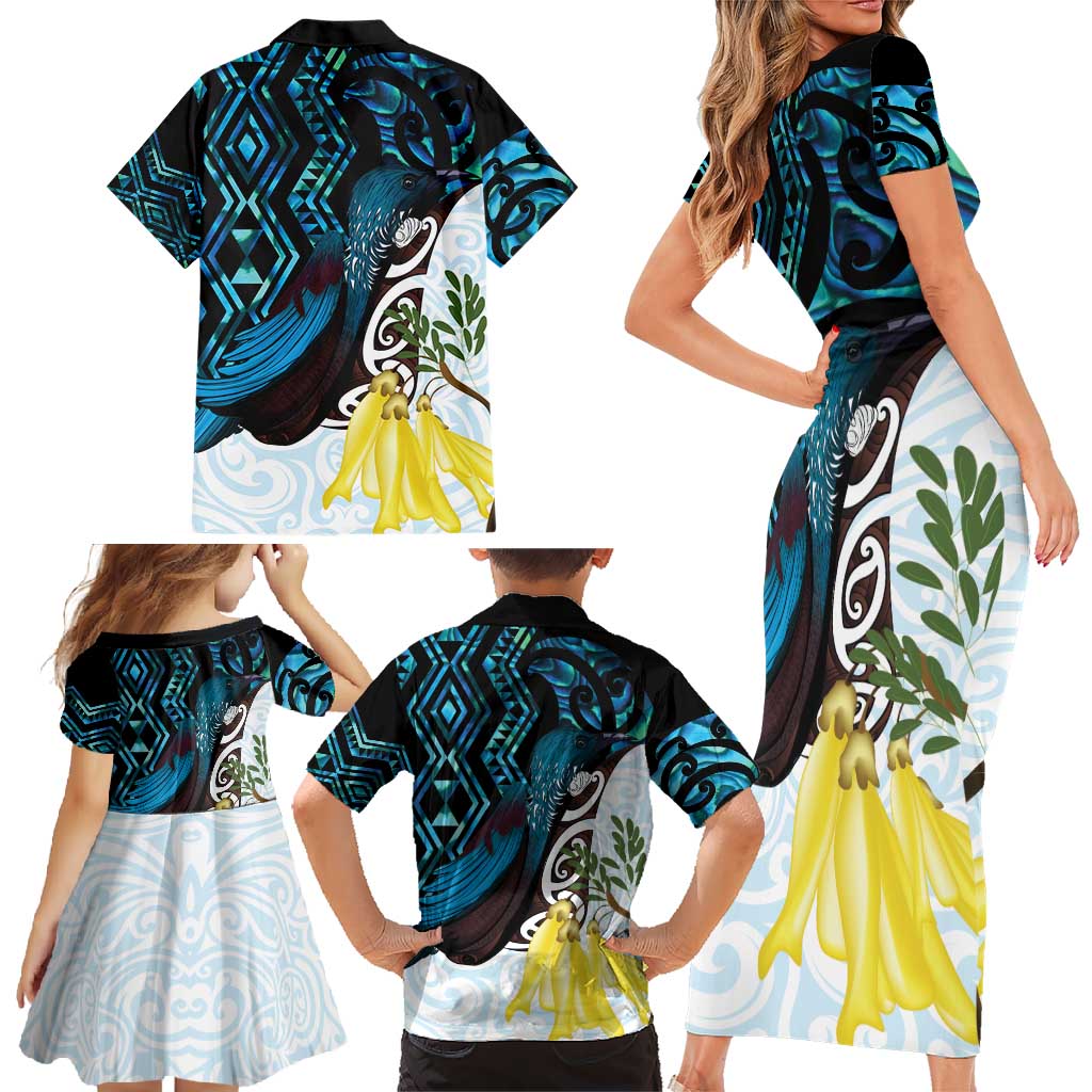 New Zealand Silver Fern Tui Bird Family Matching Short Sleeve Bodycon Dress and Hawaiian Shirt Maori Kowhai Paua Shell Taniko Motifs