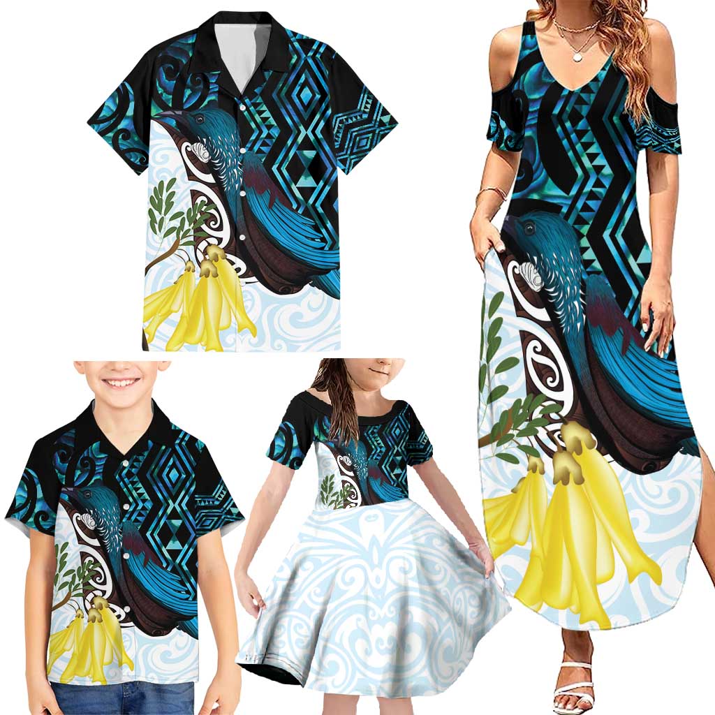 New Zealand Silver Fern Tui Bird Family Matching Summer Maxi Dress and Hawaiian Shirt Maori Kowhai Paua Shell Taniko Motifs
