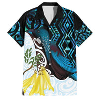 New Zealand Silver Fern Tui Bird Family Matching Summer Maxi Dress and Hawaiian Shirt Maori Kowhai Paua Shell Taniko Motifs LT14 Dad's Shirt - Short Sleeve Turquoise - Polynesian Pride