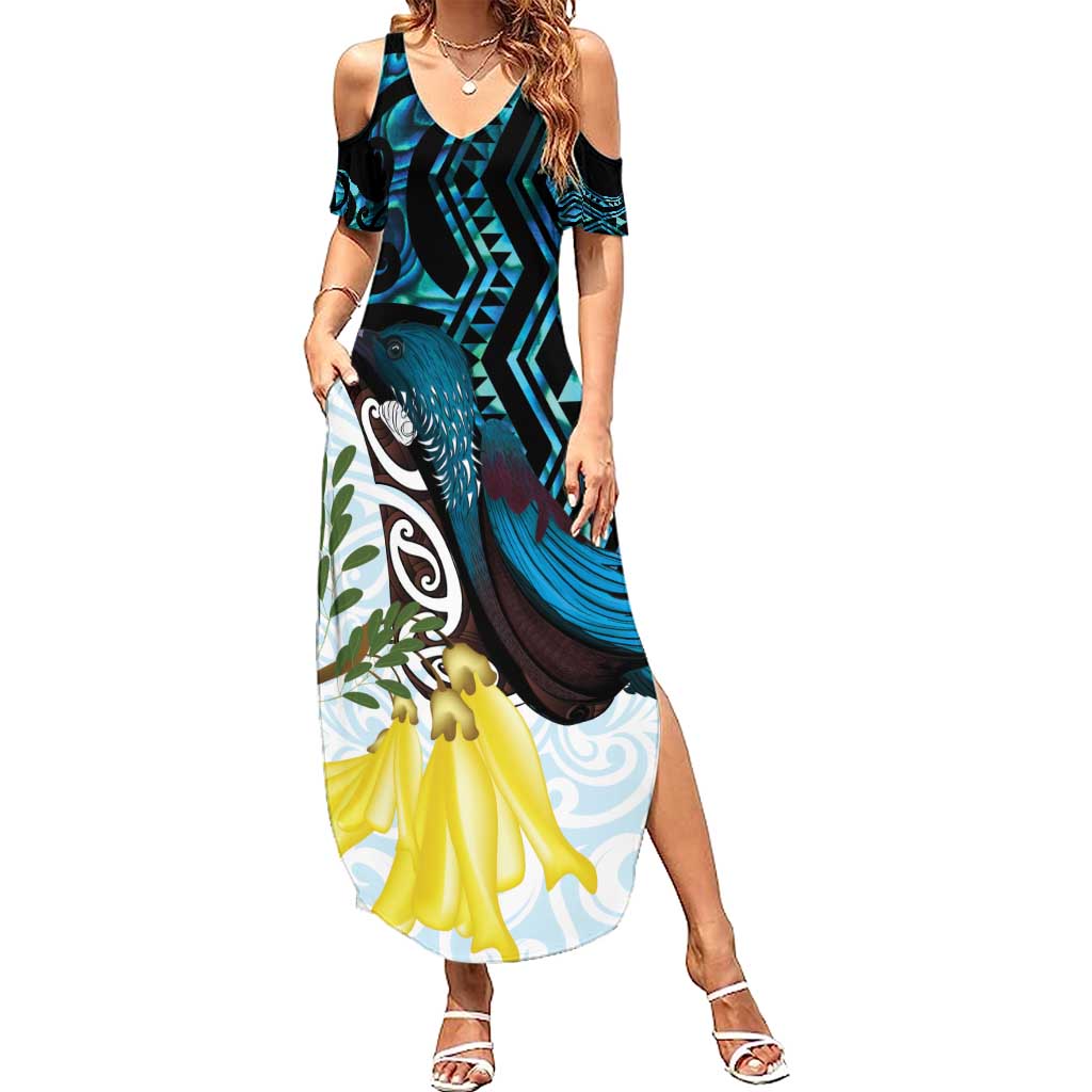 New Zealand Silver Fern Tui Bird Family Matching Summer Maxi Dress and Hawaiian Shirt Maori Kowhai Paua Shell Taniko Motifs LT14 Mom's Dress Turquoise - Polynesian Pride