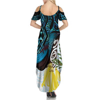 New Zealand Silver Fern Tui Bird Family Matching Summer Maxi Dress and Hawaiian Shirt Maori Kowhai Paua Shell Taniko Motifs LT14 - Polynesian Pride
