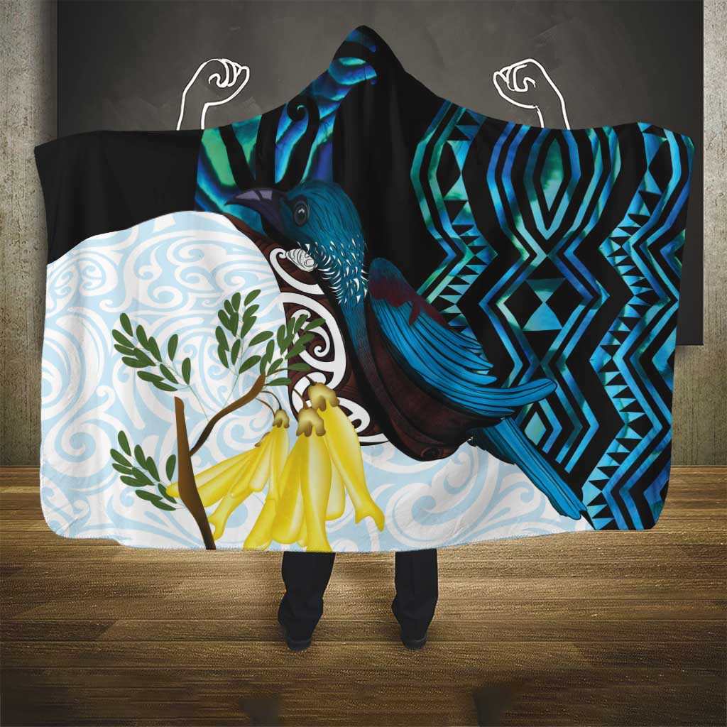 New Zealand Silver Fern Tui Bird Hooded Blanket Maori Kowhai Paua Shell Taniko Motifs
