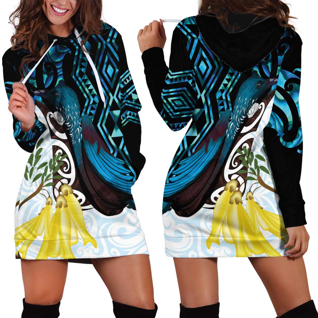 New Zealand Silver Fern Tui Bird Hoodie Dress Maori Kowhai Paua Shell Taniko Motifs LT14 - Polynesian Pride