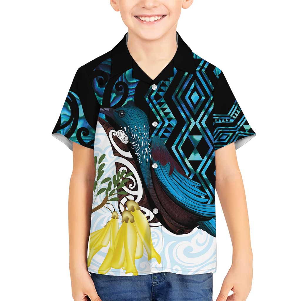 New Zealand Silver Fern Tui Bird Kid Hawaiian Shirt Maori Kowhai Paua Shell Taniko Motifs