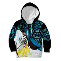 New Zealand Silver Fern Tui Bird Kid Hoodie Maori Kowhai Paua Shell Taniko Motifs LT14 Hoodie Turquoise - Polynesian Pride