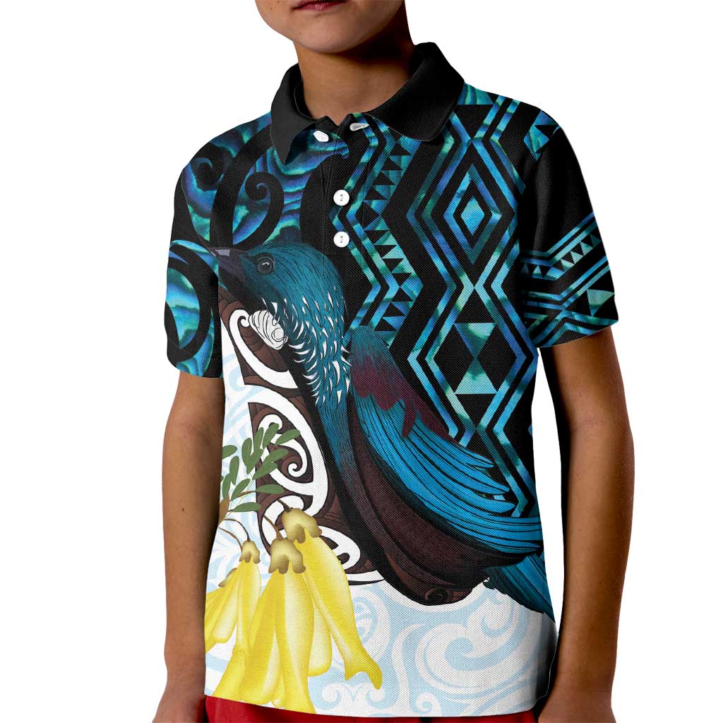 New Zealand Silver Fern Tui Bird Kid Polo Shirt Maori Kowhai Paua Shell Taniko Motifs