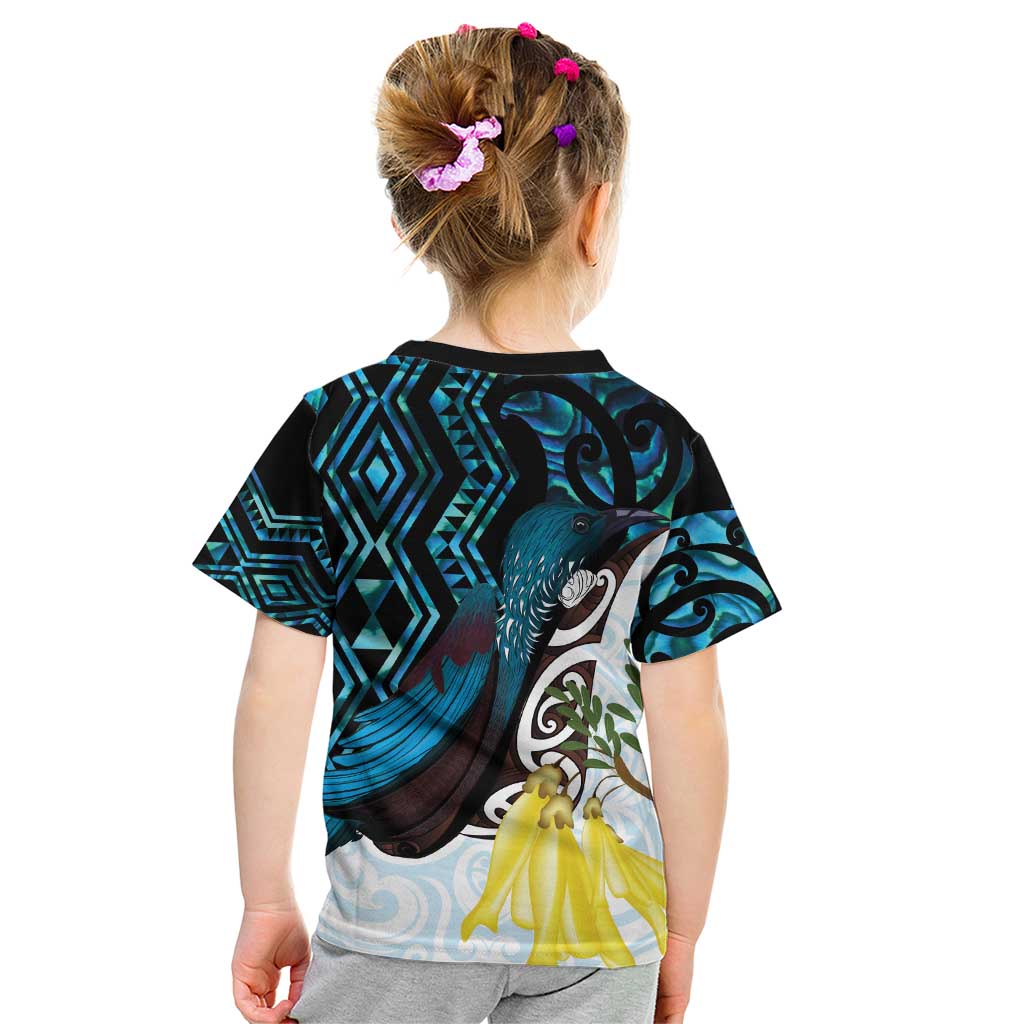 New Zealand Silver Fern Tui Bird Kid T Shirt Maori Kowhai Paua Shell Taniko Motifs LT14 - Polynesian Pride