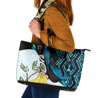 New Zealand Silver Fern Tui Bird Leather Tote Bag Maori Kowhai Paua Shell Taniko Motifs LT14 Turquoise - Polynesian Pride