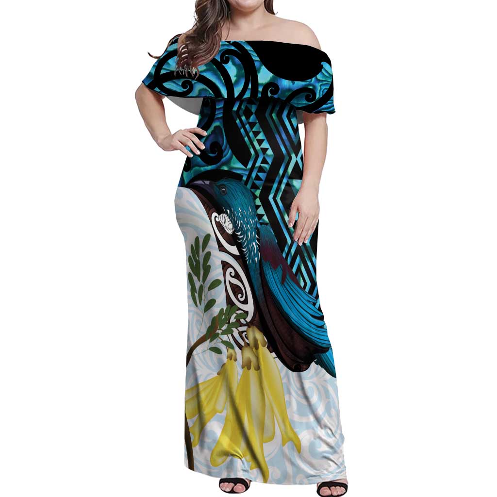 New Zealand Silver Fern Tui Bird Off Shoulder Maxi Dress Maori Kowhai Paua Shell Taniko Motifs LT14 Women Turquoise - Polynesian Pride
