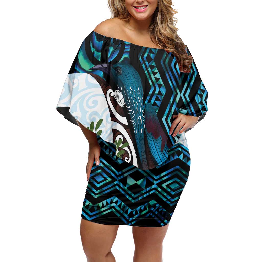 New Zealand Silver Fern Tui Bird Off Shoulder Short Dress Maori Kowhai Paua Shell Taniko Motifs LT14 Women Turquoise - Polynesian Pride