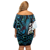 New Zealand Silver Fern Tui Bird Off Shoulder Short Dress Maori Kowhai Paua Shell Taniko Motifs LT14 - Polynesian Pride