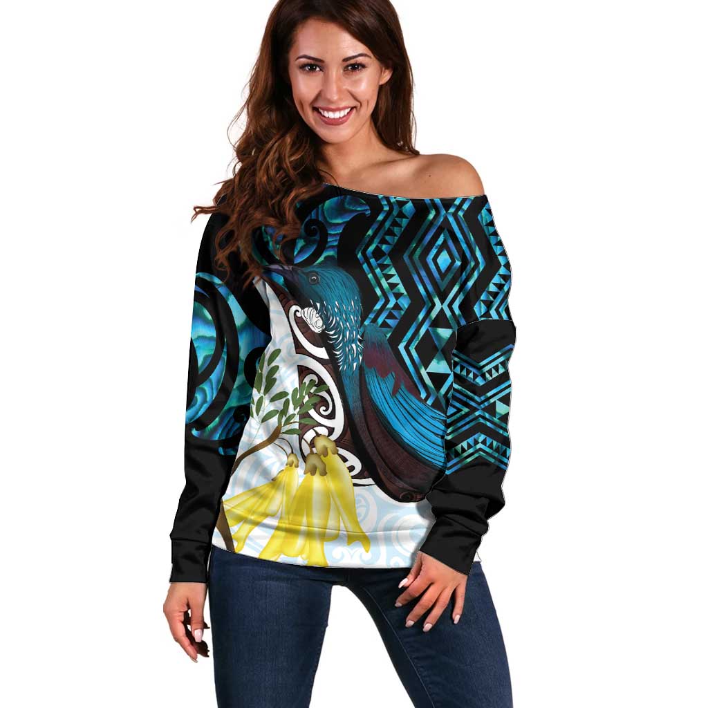 New Zealand Silver Fern Tui Bird Off Shoulder Sweater Maori Kowhai Paua Shell Taniko Motifs LT14 Women Turquoise - Polynesian Pride
