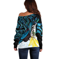 New Zealand Silver Fern Tui Bird Off Shoulder Sweater Maori Kowhai Paua Shell Taniko Motifs LT14 - Polynesian Pride