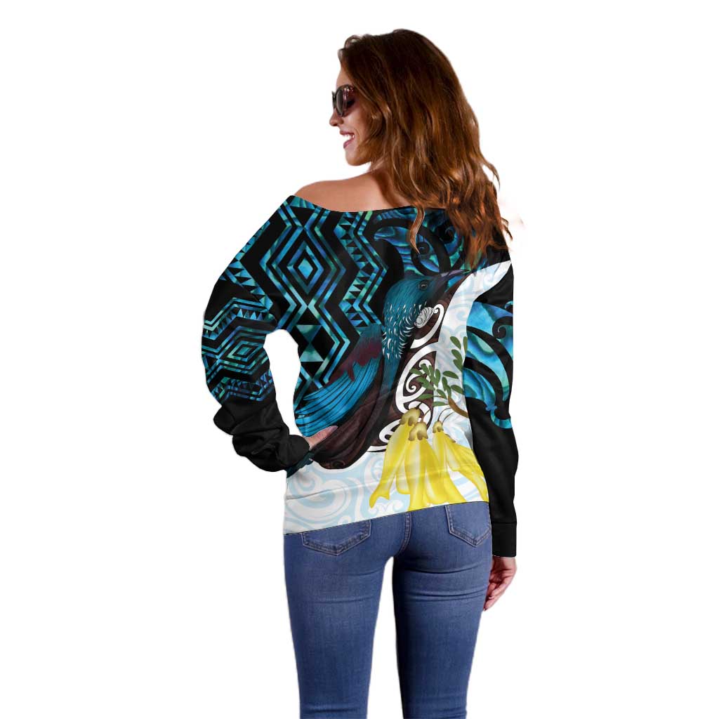 New Zealand Silver Fern Tui Bird Off Shoulder Sweater Maori Kowhai Paua Shell Taniko Motifs LT14 - Polynesian Pride