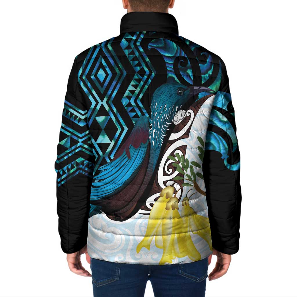 New Zealand Silver Fern Tui Bird Padded Jacket Maori Kowhai Paua Shell Taniko Motifs - Polynesian Pride