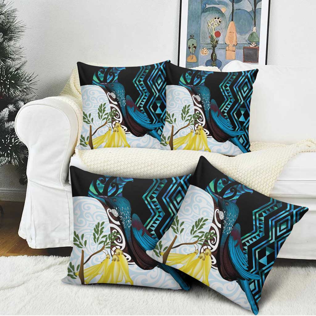 New Zealand Silver Fern Tui Bird Pillow Cover Maori Kowhai Paua Shell Taniko Motifs - Polynesian Pride