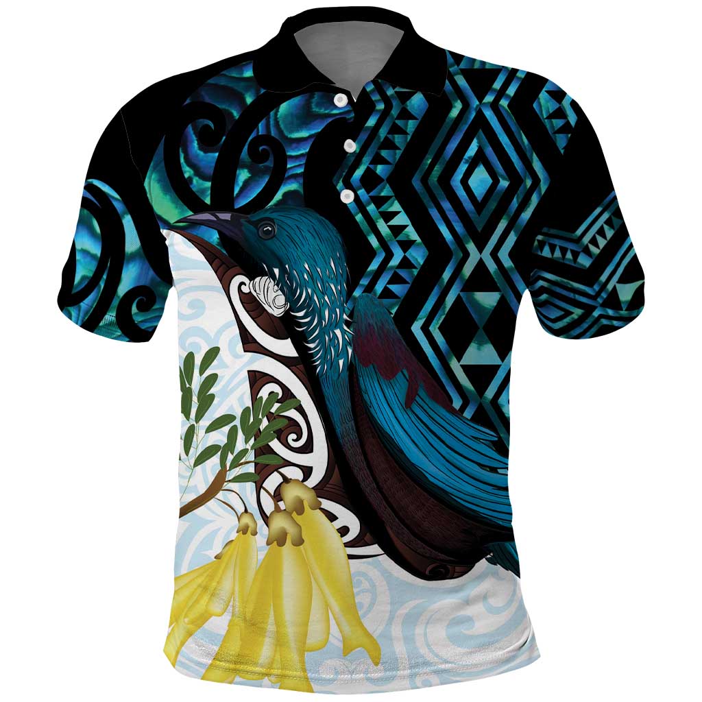 New Zealand Silver Fern Tui Bird Polo Shirt Maori Kowhai Paua Shell Taniko Motifs LT14 Turquoise - Polynesian Pride