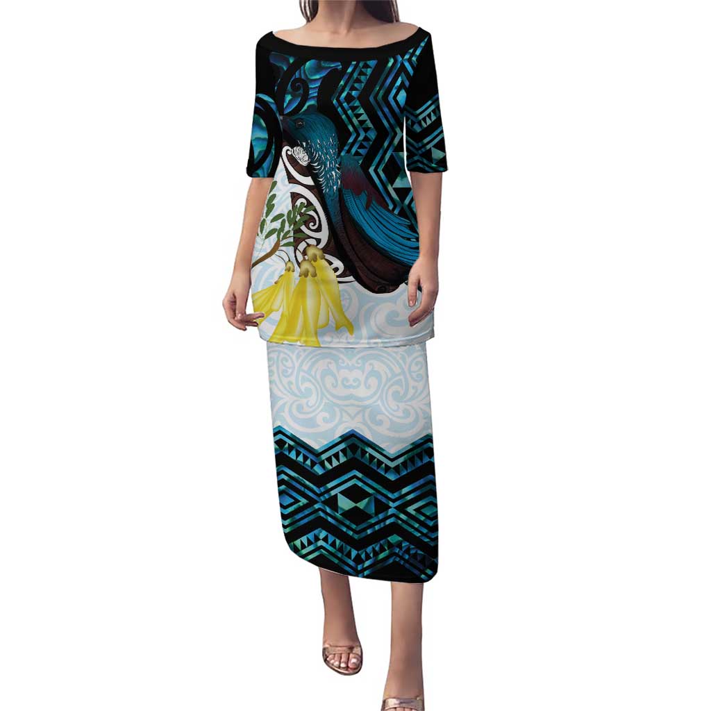 New Zealand Silver Fern Tui Bird Puletasi Maori Kowhai Paua Shell Taniko Motifs LT14 Long Dress Turquoise - Polynesian Pride